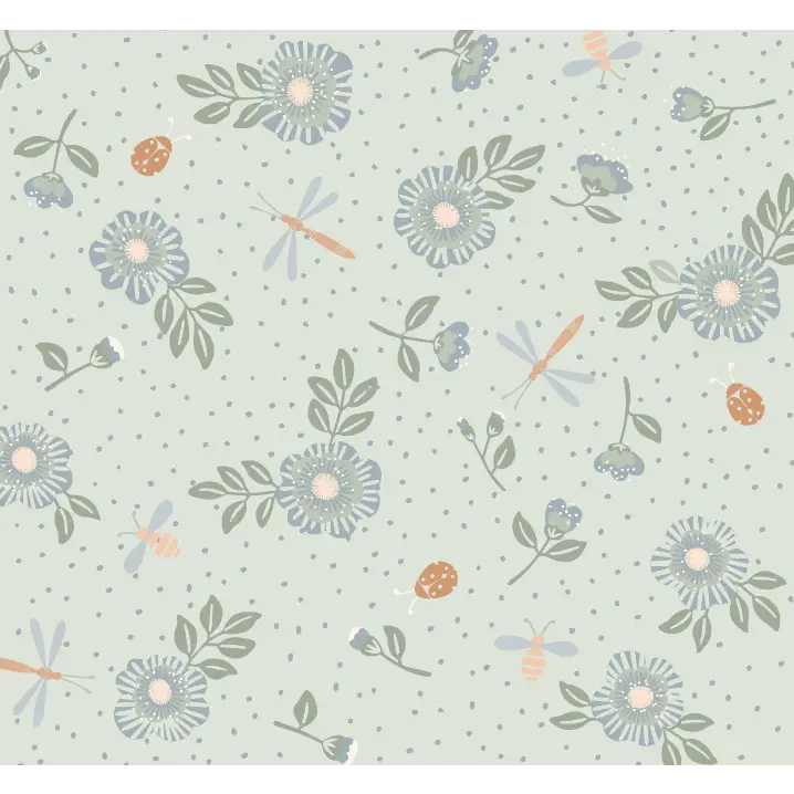 Fallon Wallpaper - Flowers Bees and Dragonflies - by House of Haricot - Sample 1 foot by 1 foot / Light Green
