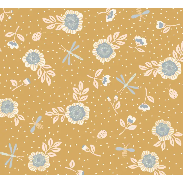 Fallon Wallpaper - Flowers Bees and Dragonflies - by House of Haricot - Sample 1 foot by 1 foot / Mustard - Loomwell