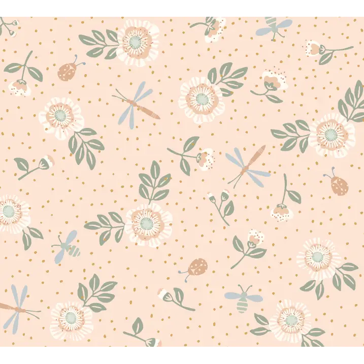 Fallon Wallpaper - Flowers Bees and Dragonflies - by House of Haricot - Sample 1 foot by 1 foot / Peach and Green