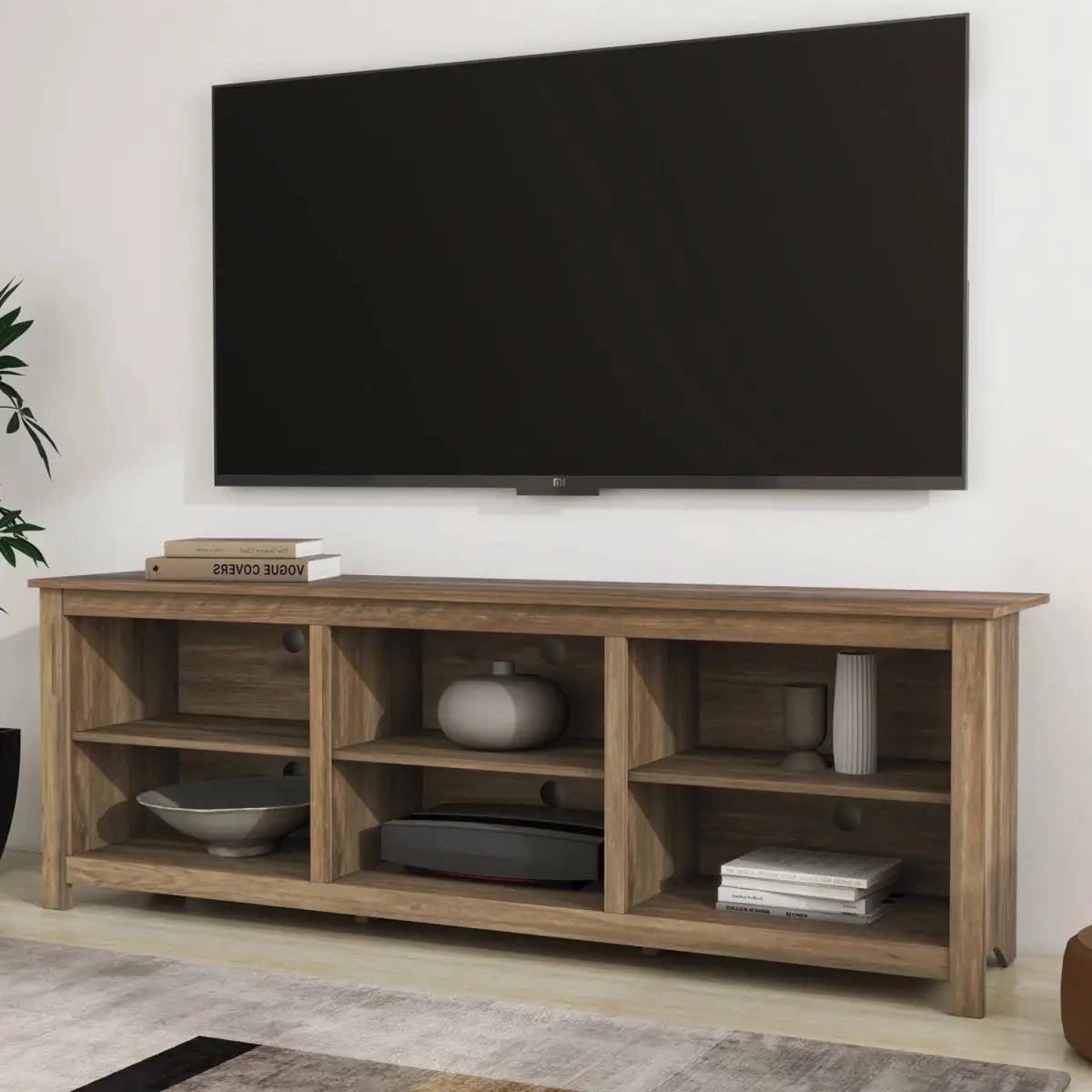 Farmhouse Style TV Stand with 6 Storage Compartments in Brown Oak Wood Finish - HomePacific
