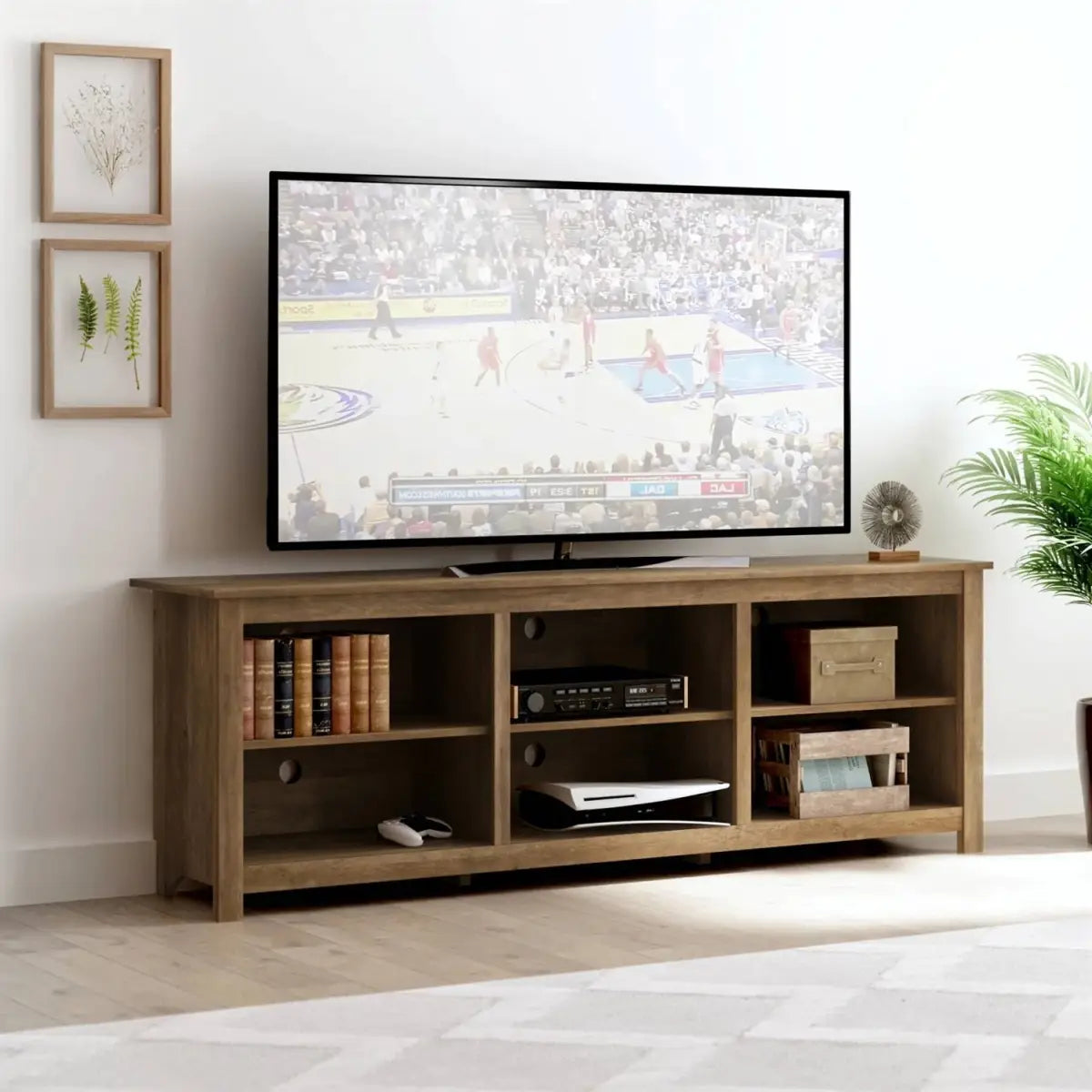 Farmhouse Style TV Stand with 6 Storage Compartments in Brown Oak Wood Finish - HomePacific