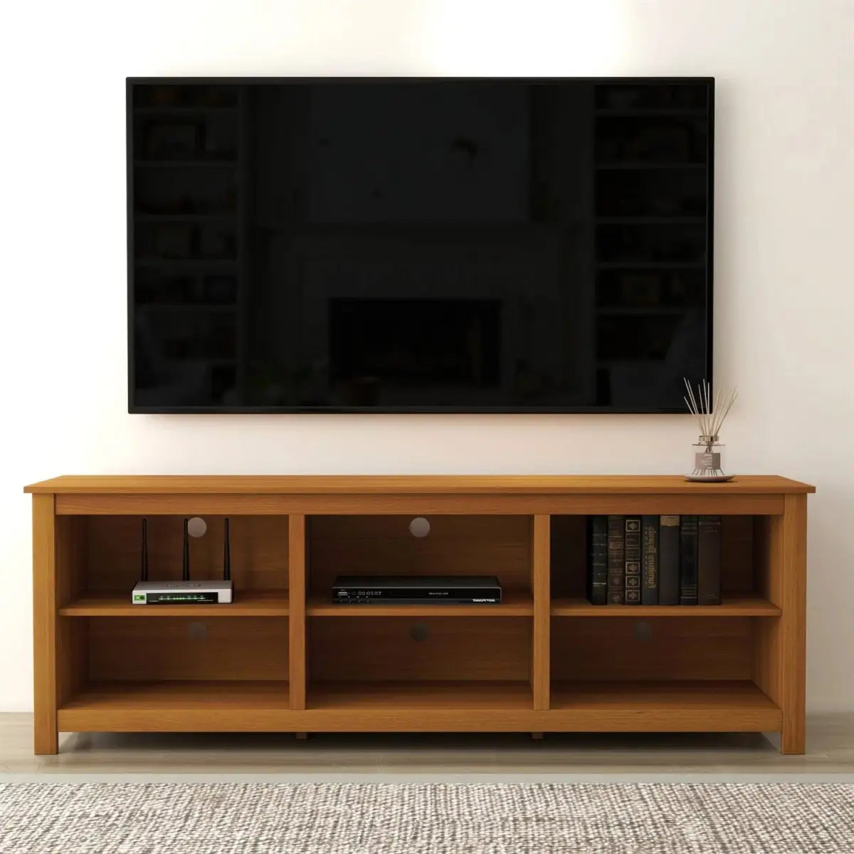 Farmhouse TV Stand in Amber Brown Wood Finish - for TVs up to 70-inch - HomePacific
