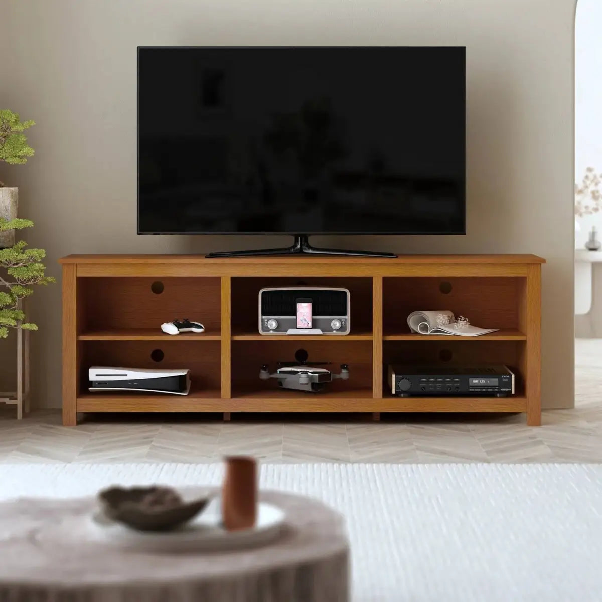 Farmhouse TV Stand in Amber Brown Wood Finish - for TVs up to 70-inch - HomePacific