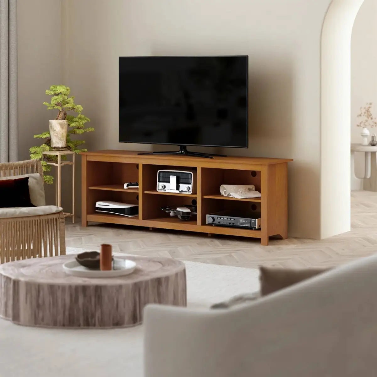 Farmhouse TV Stand in Amber Brown Wood Finish - for TVs up to 70-inch - HomePacific