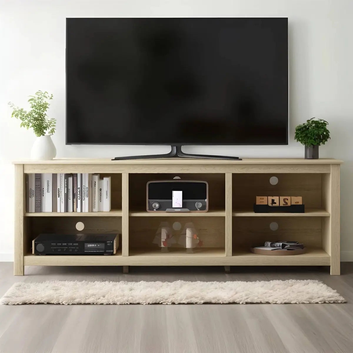 Farmhouse TV Stand in Light Oak Wood Finish - for TVs up to 70-inch - HomePacific