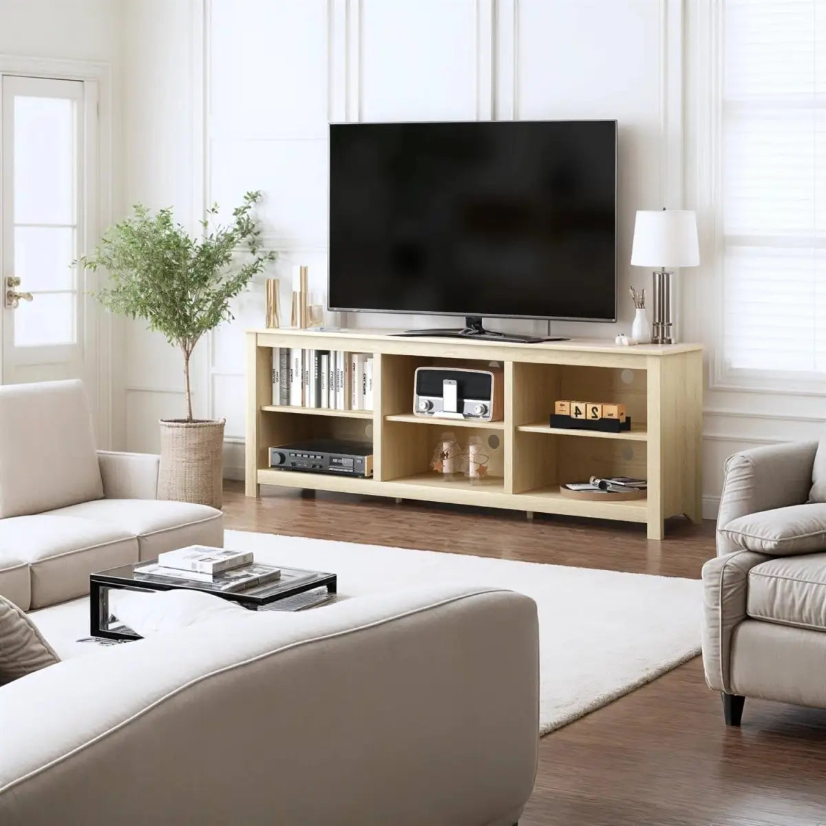Farmhouse TV Stand in Light Oak Wood Finish - for TVs up to 70-inch - HomePacific