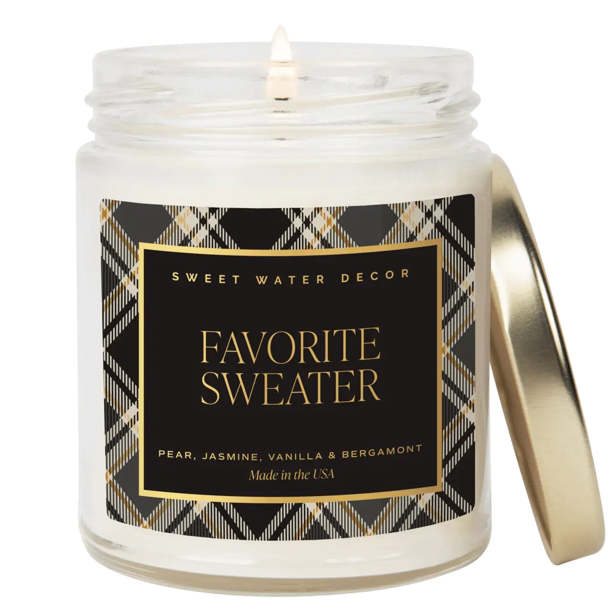 Favorite Sweater Soy Candle - Patterned 9 oz - Clear Jar (Cashmere and Vanilla) - Sweet Water Decor