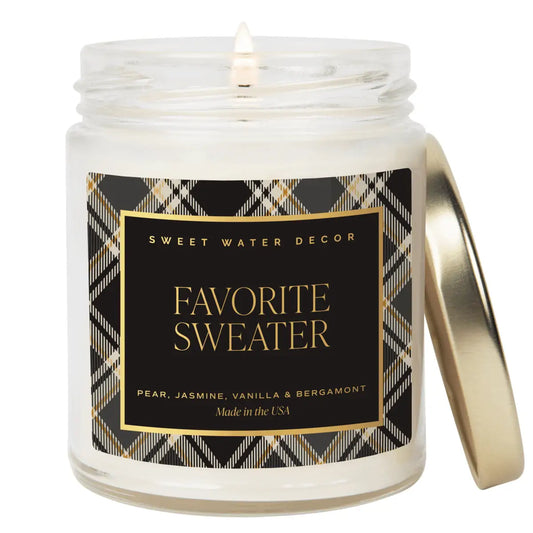 Favorite Sweater Soy Candle - Patterned 9 oz - Clear Jar (Cashmere and Vanilla) - Sweet Water Decor