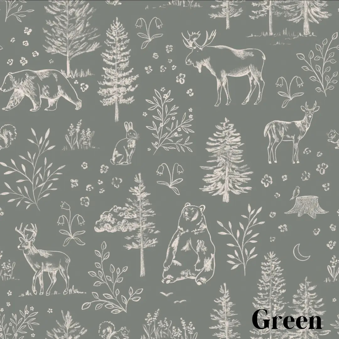 Faye Wallpaper - Bear Moose Deer Forest - by Mariah Rose - Sample 1 foot by 1 foot / Green - Loomwell Home Goods