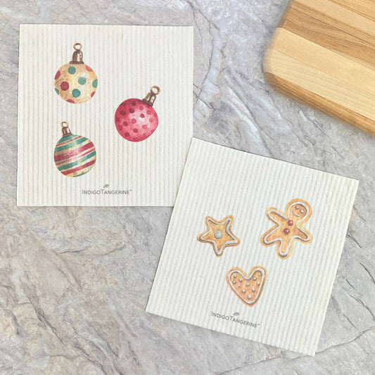 Ornaments & Gingerbread Cookies - Christmas Dish Cloths - set of 2