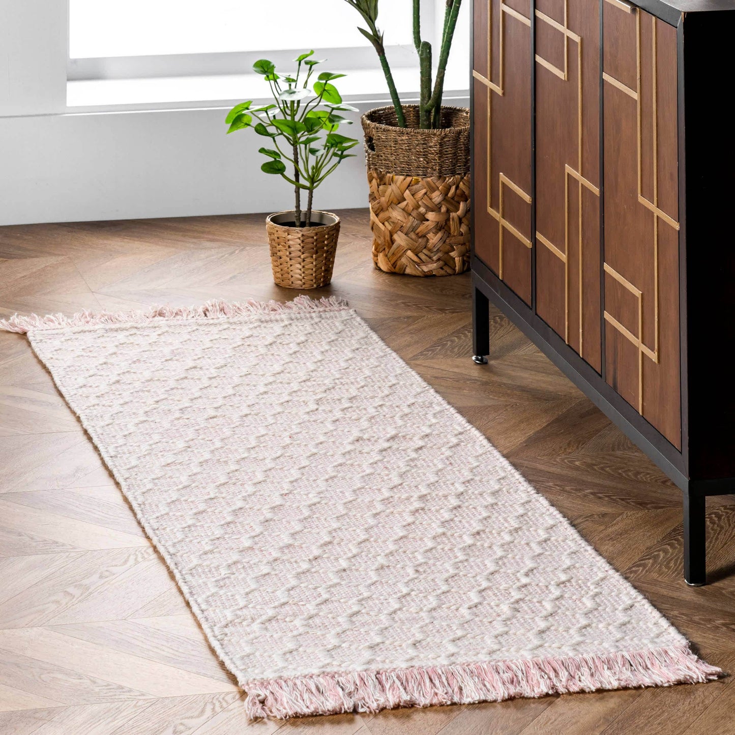 Pink Honeycomb Area Rug with Tassels