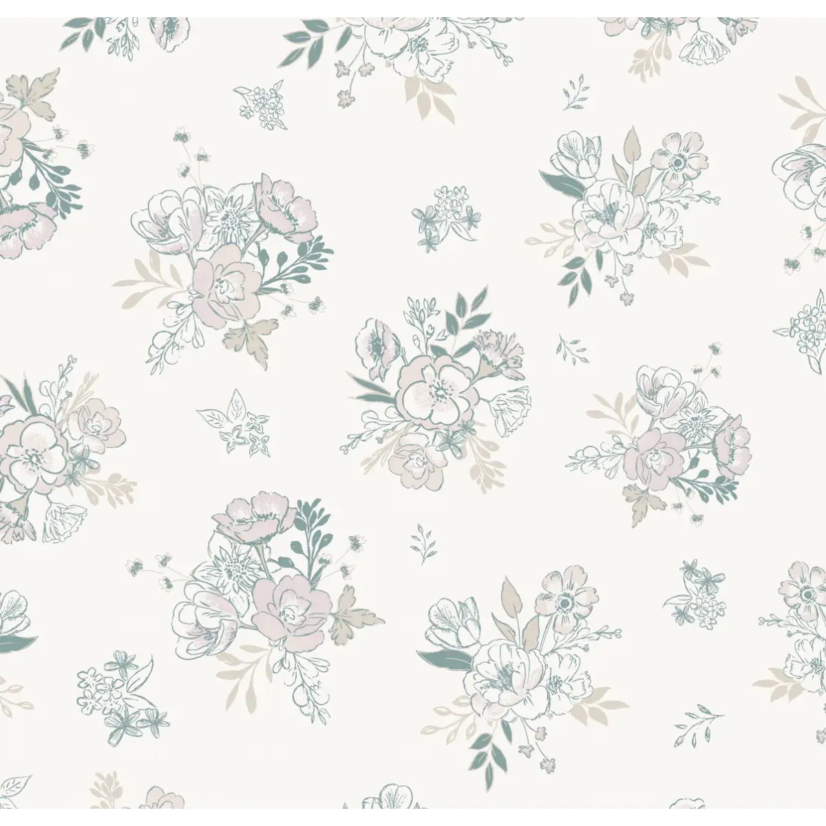 Felice Wallpaper - Subtle Flower Bouquets - by Trisha Patel - Sample 1 foot by 1 foot / Teal and Pink - Loomwell Home