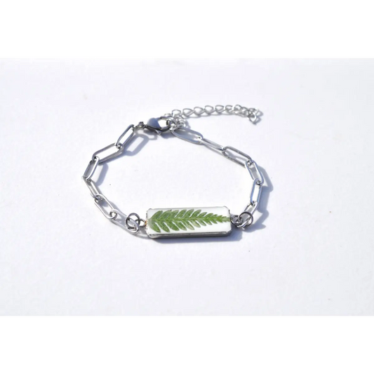 Fern Bar Bracelet Pressed Fern - White - My Beverly Jewelry