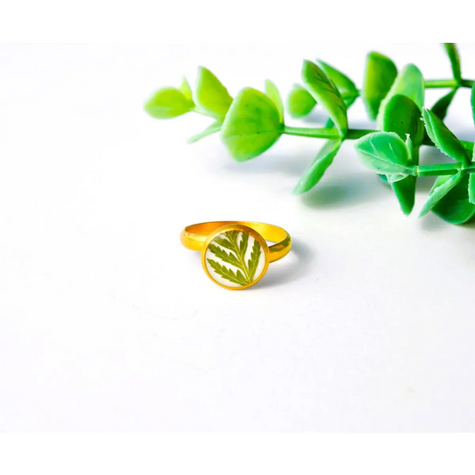 Fern Gold Ring Adjustable Pressed Fern - White - My Beverly Jewelry
