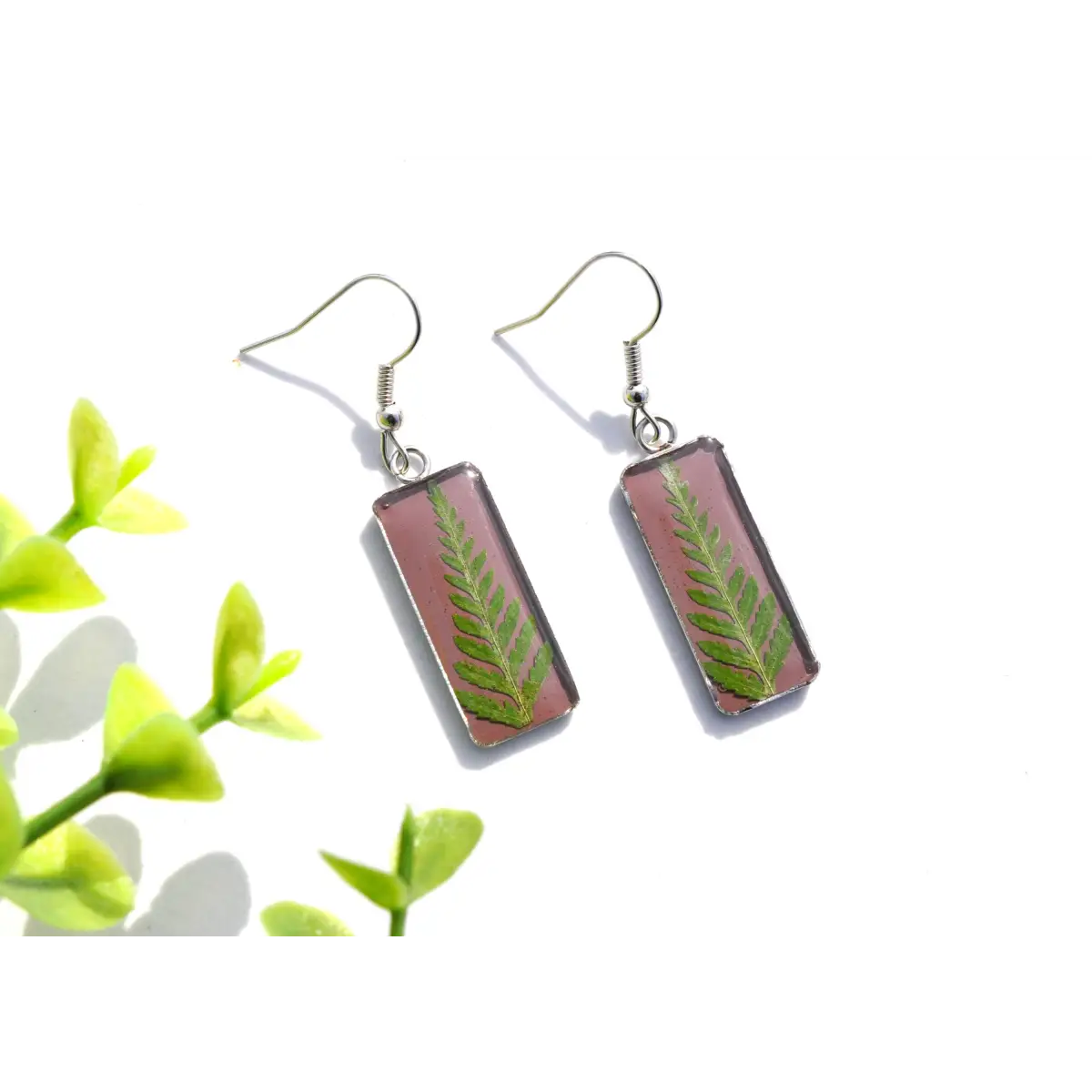 Fern Rectangle Earrings - Pressed Flowers - My Beverly Jewelry