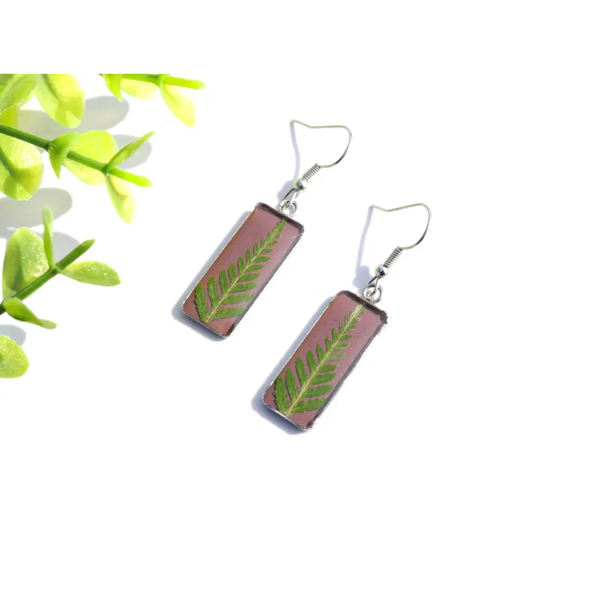 Fern Rectangle Earrings - Pressed Flowers - My Beverly Jewelry