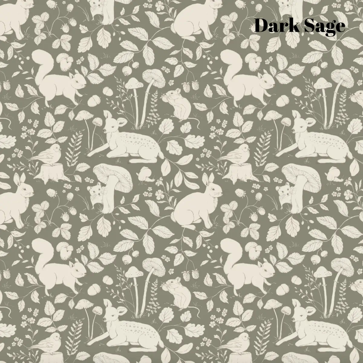 Finch Wallpaper - Bunnies Deer and Squirrels - by Daphne and Sage - Sample 1 foot by 1 foot / Dark Sage - Loomwell Home