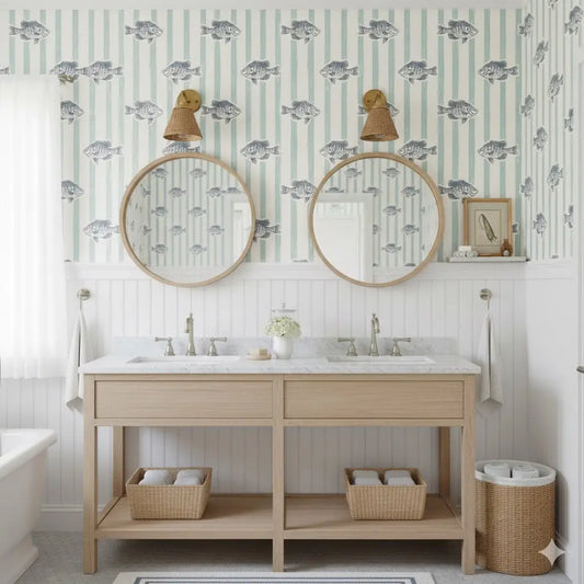 Finn Wallpaper - Fish and Stripes - by Kim Hallquist Designs - Loomwell Home Goods