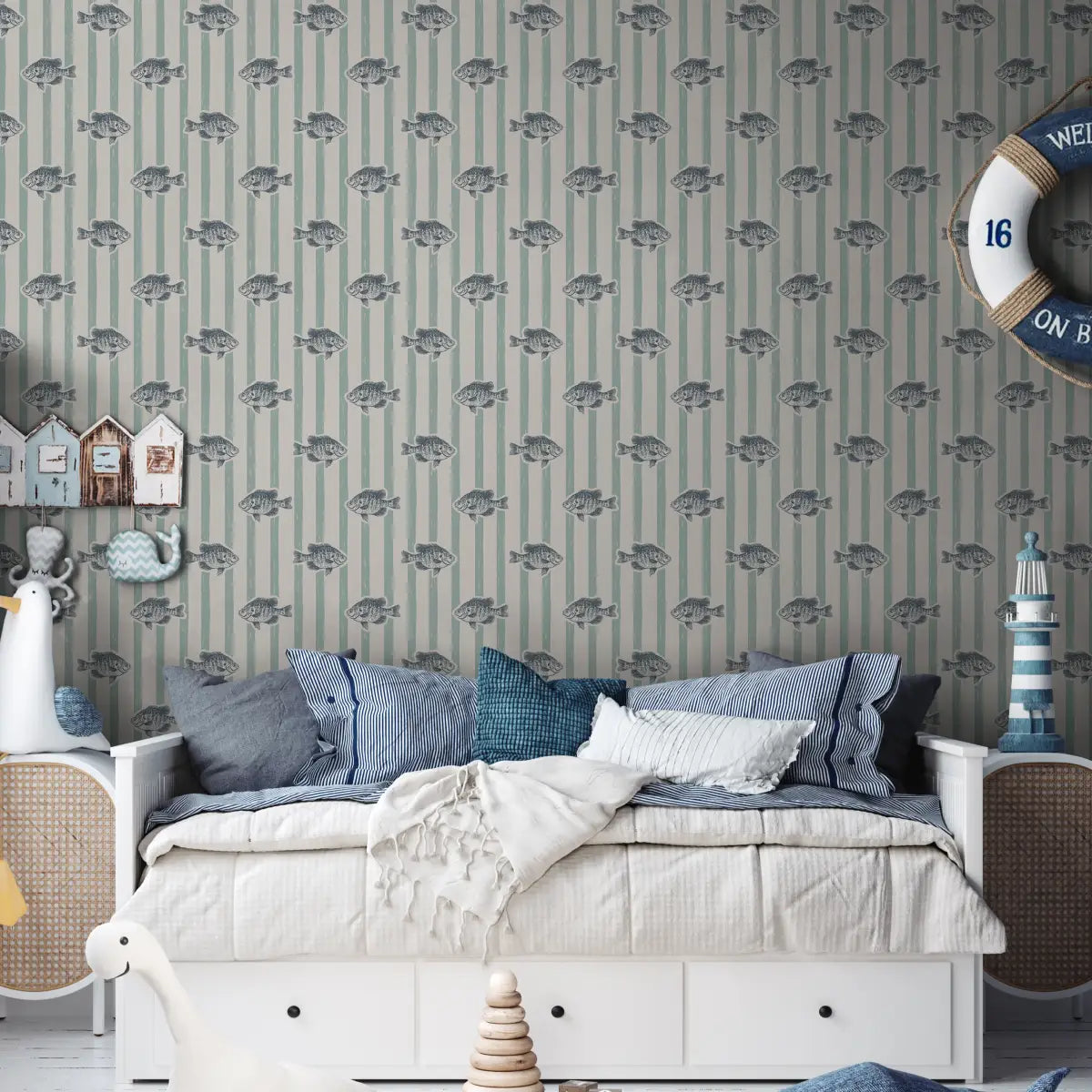 Finn Wallpaper - Fish and Stripes - by Kim Hallquist Designs - Loomwell Home Goods
