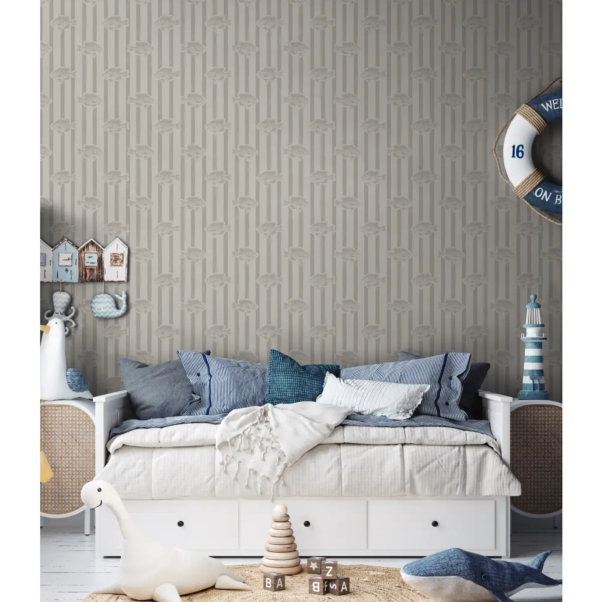 Finn Wallpaper - Fish and Stripes - by Kim Hallquist Designs - Loomwell Home Goods