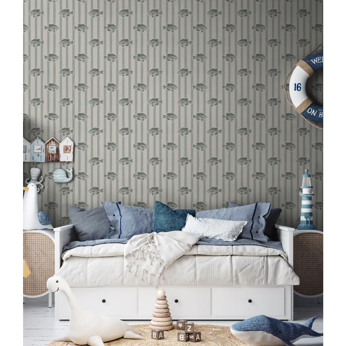 Finn Wallpaper - Fish and Stripes - by Kim Hallquist Designs - Loomwell Home Goods