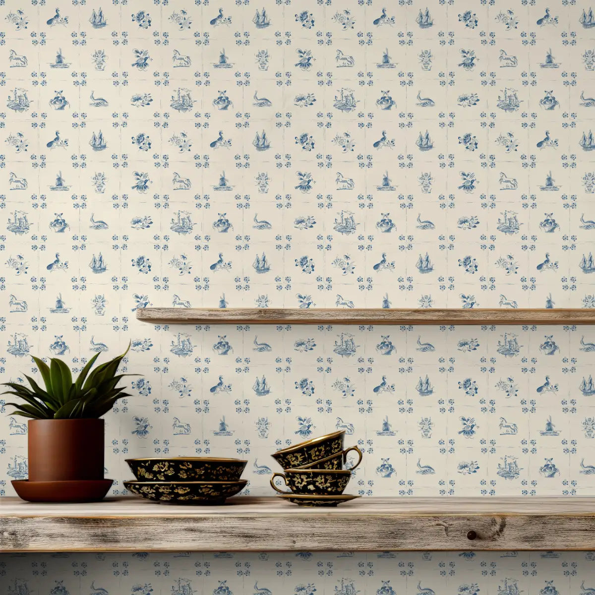 Fitz Wallpaper - Blue Delft Tiles - by House of Haricot - Loomwell Home Goods