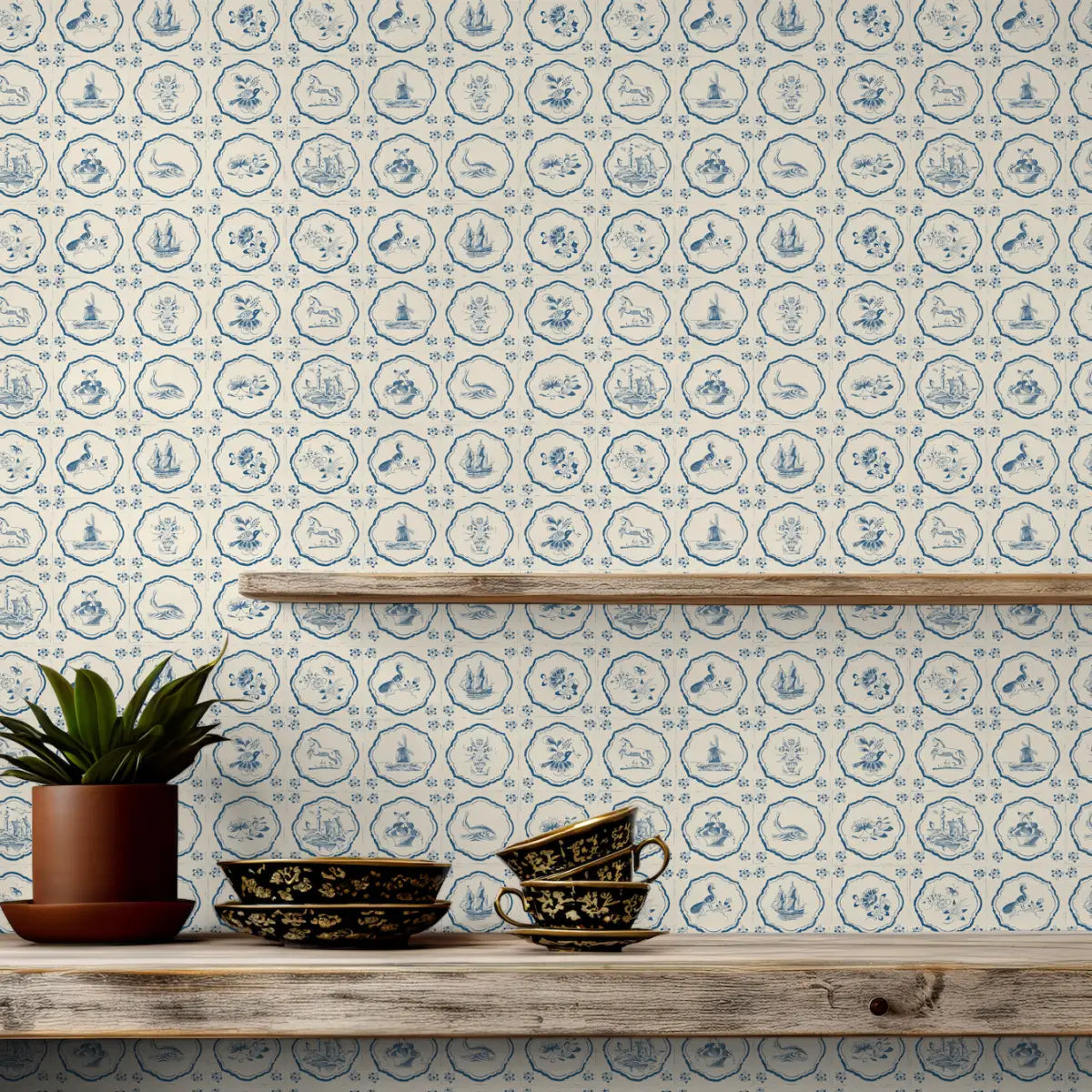 Fitz Wallpaper - Blue Delft Tiles - by House of Haricot - Loomwell Home Goods