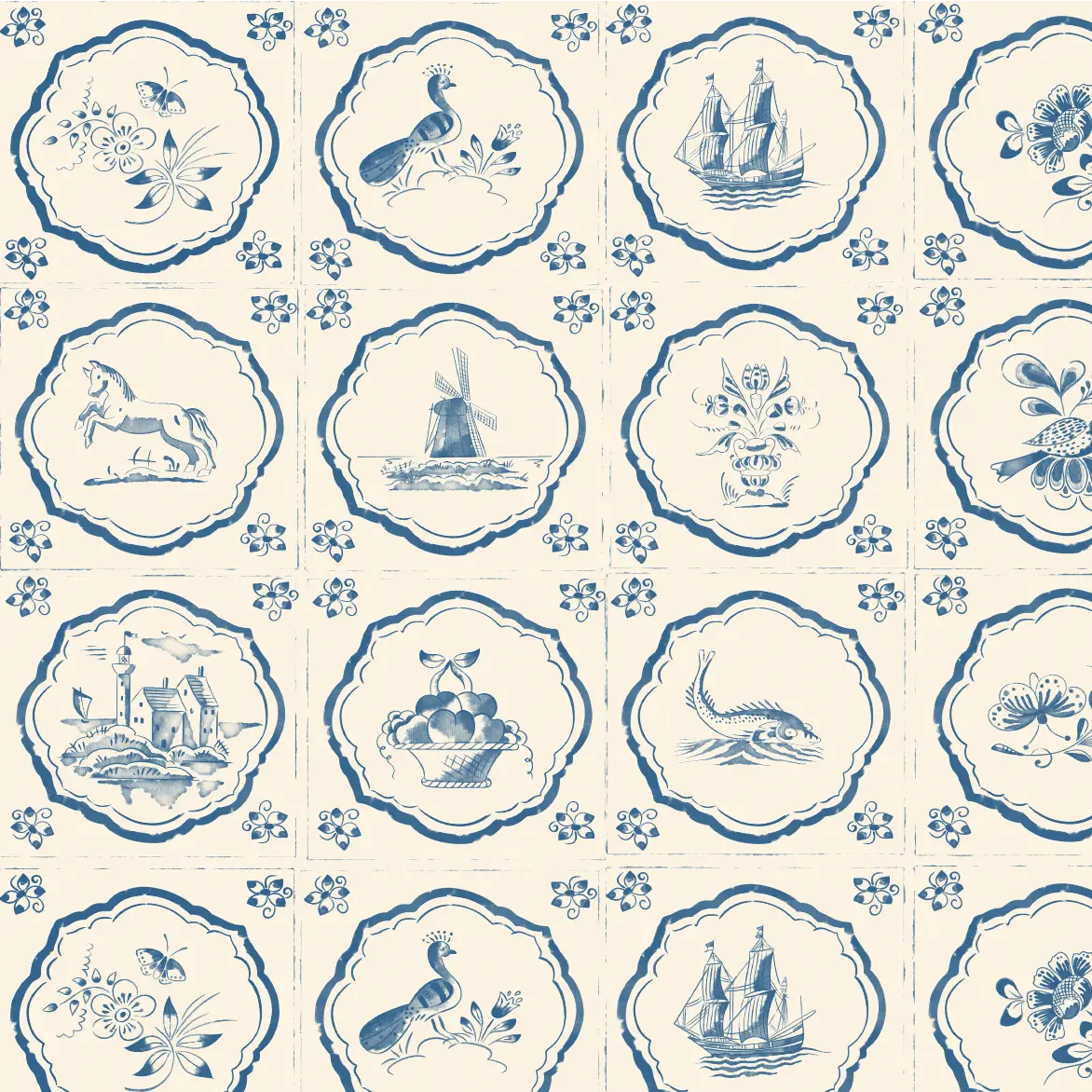 Fitz Wallpaper - Blue Delft Tiles - by House of Haricot - Sample 1 foot by 1 foot / 1 - Loomwell Home Goods