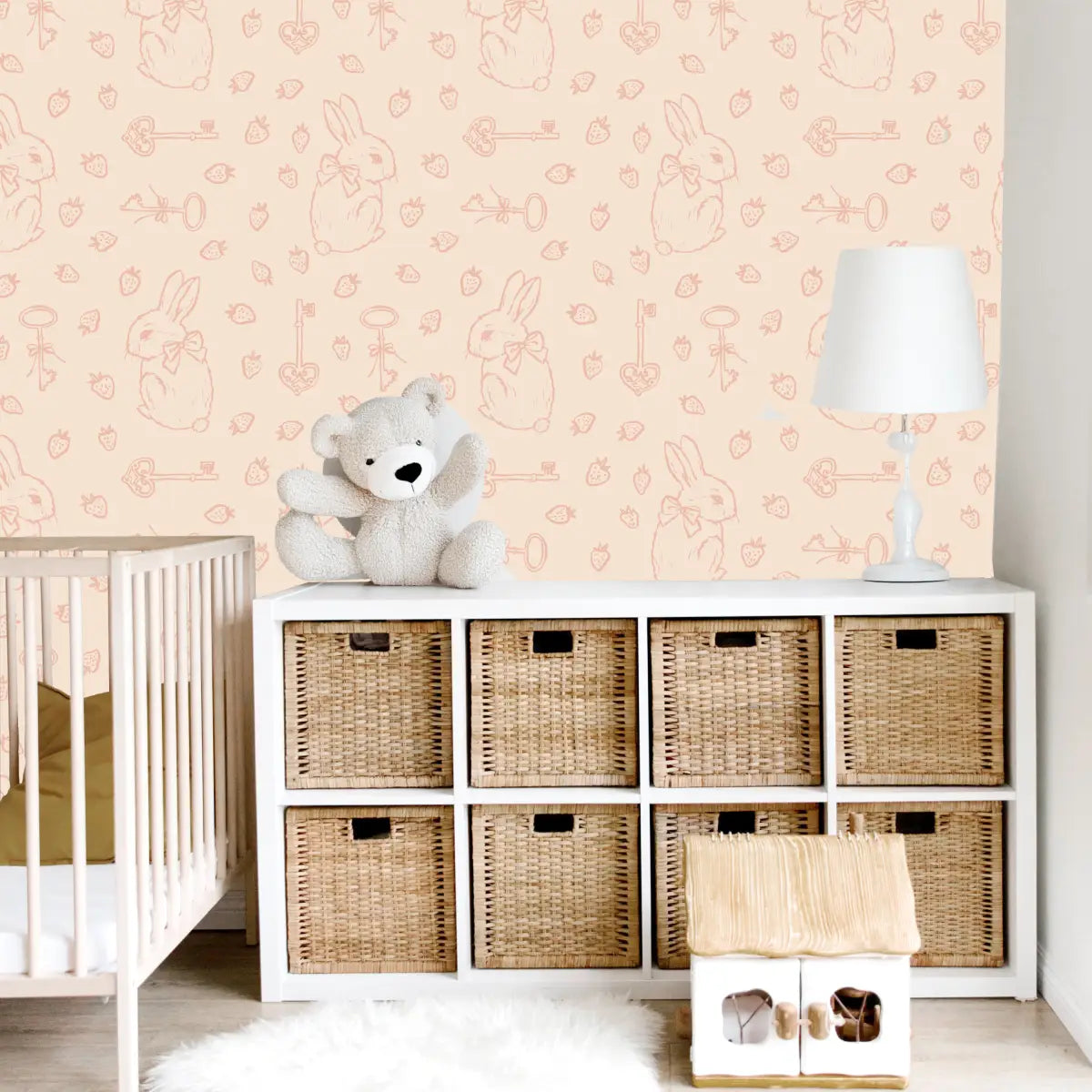 Flopsy Wallpaper - Pastel Bunnies Berries and Keys - Loomwell Home Goods