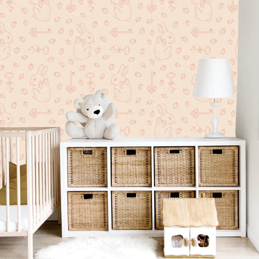 Flopsy Wallpaper - Pastel Bunnies Berries and Keys - Loomwell Home Goods