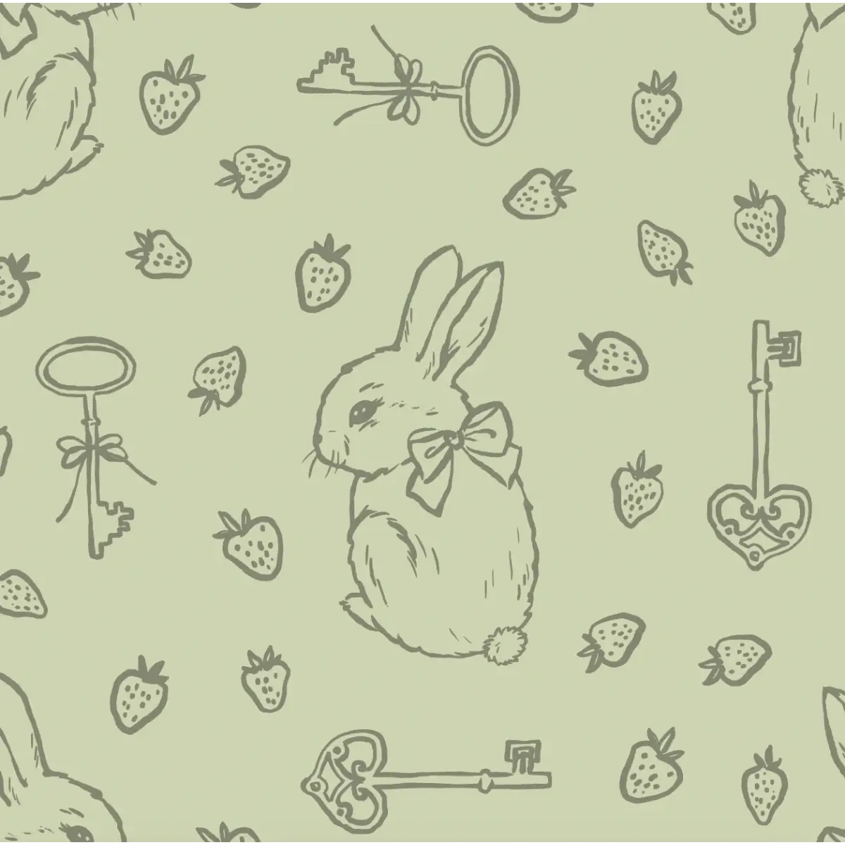 Flopsy Wallpaper - Pastel Bunnies Berries and Keys - Sample 1 foot by 1 foot / Green - Loomwell Home Goods