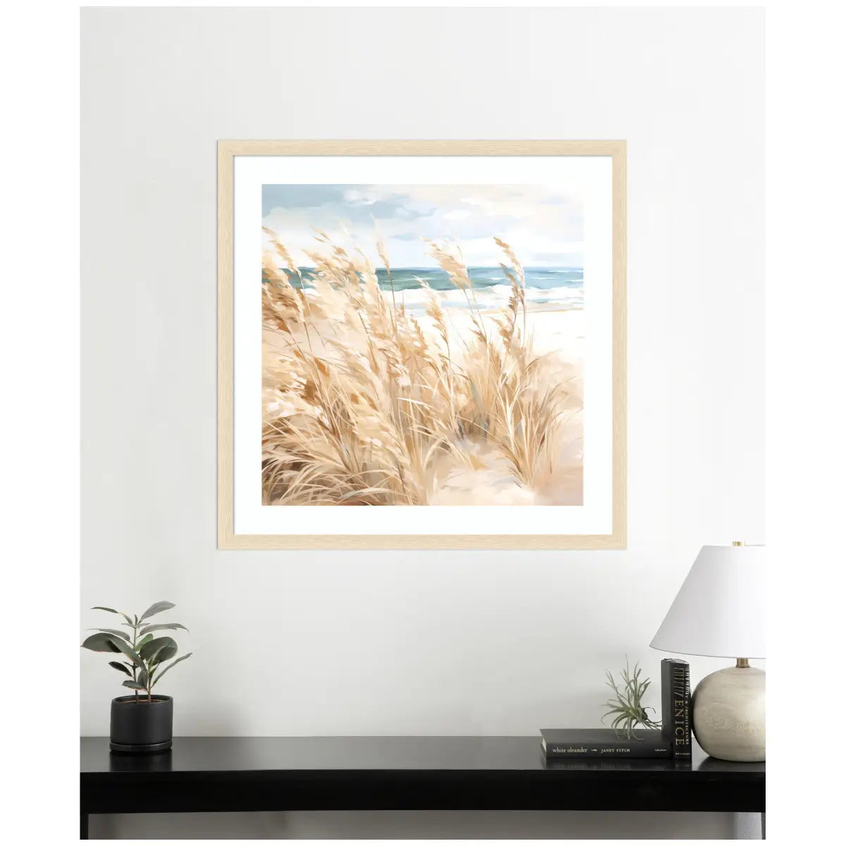 Framed Art - Beige Beach Grass Near Traquil Beach - kateandlaurel