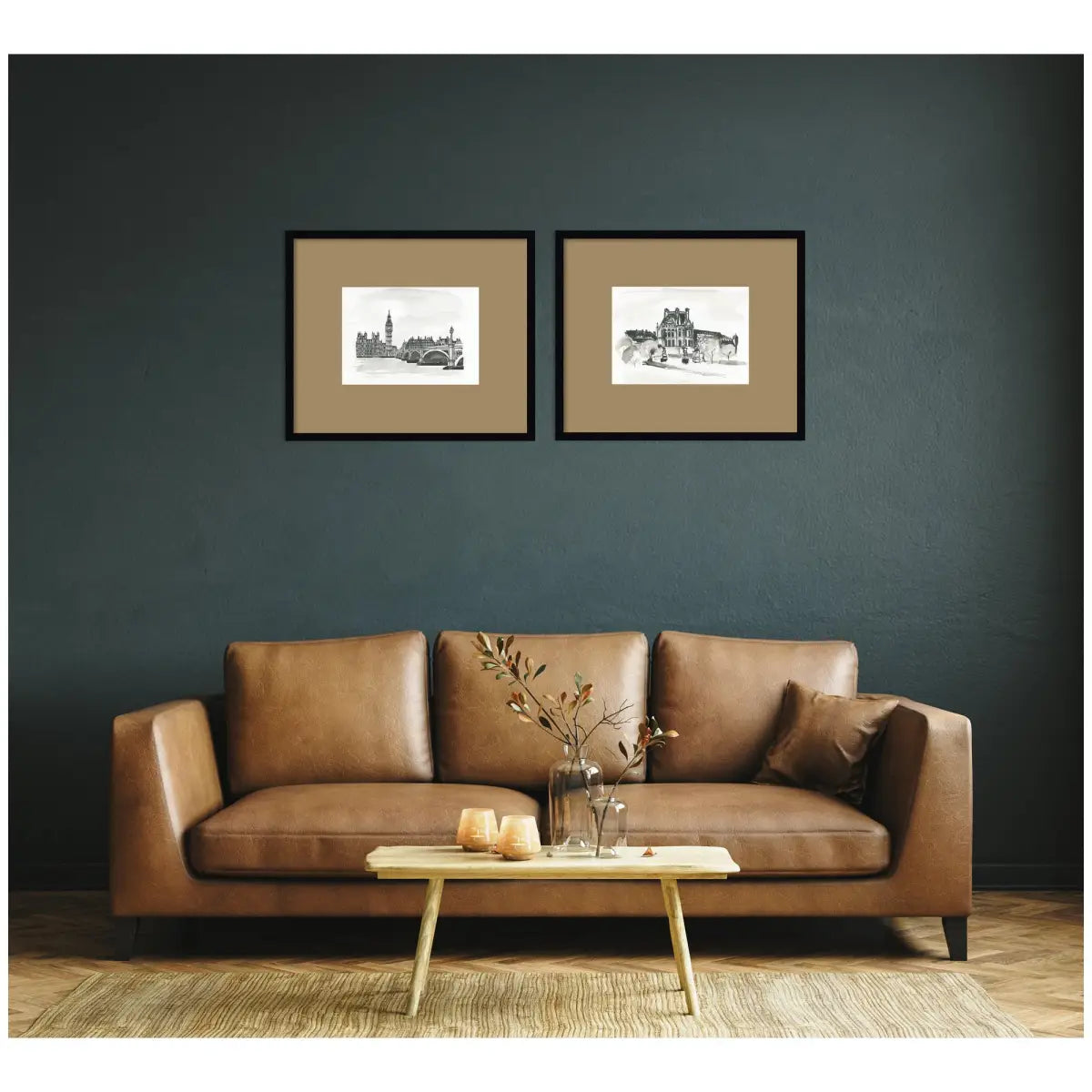 Framed Art Print Set - Vintage Postcard London & Paris - 2 Piece Brown Mat - kateandlaurel