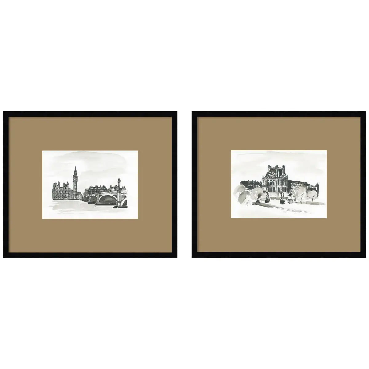 Framed Art Print Set - Vintage Postcard London & Paris - 2 Piece Brown Mat - kateandlaurel