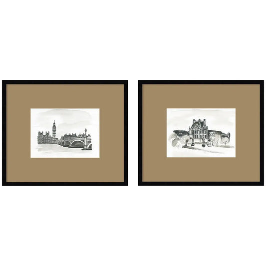 Framed Art Print Set - Vintage Postcard London & Paris - 2 Piece Brown Mat - kateandlaurel