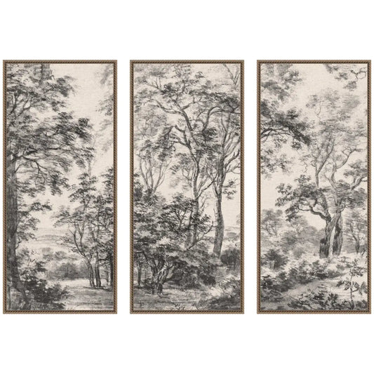 Framed Canvas Wall Art - Wooded 1648 Antonie Waterloo Linen - Set of 3 Panels - Beaded Dark Gold - kateandlaurel