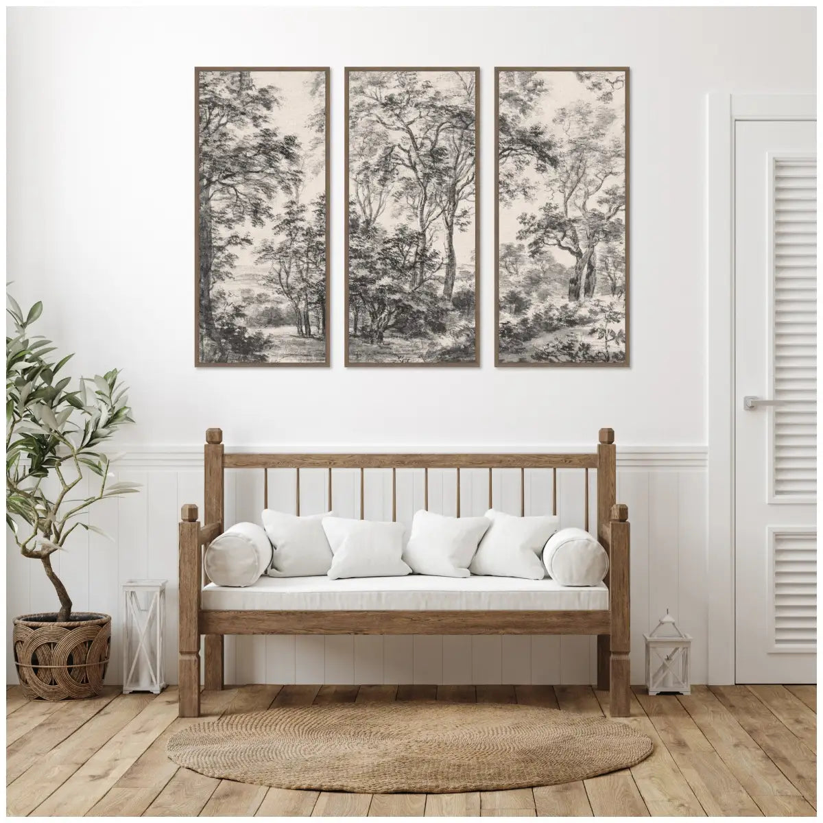 Framed Canvas Wall Art - Wooded 1648 Antonie Waterloo Linen - Set of 3 Panels - kateandlaurel