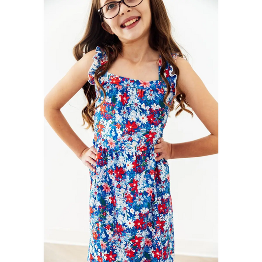 Ruffle Cross Back Dress - Freedom Flowers - Patriotic July 4th - 2T - Mila & Rose ®