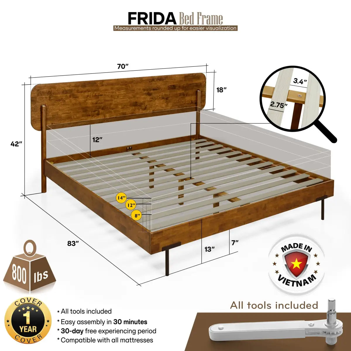 Frida Solid Wood Bed Frame - Megsu