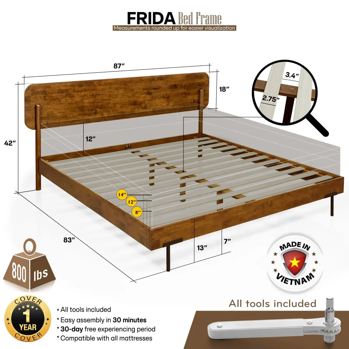 Frida Solid Wood Bed Frame - Megsu