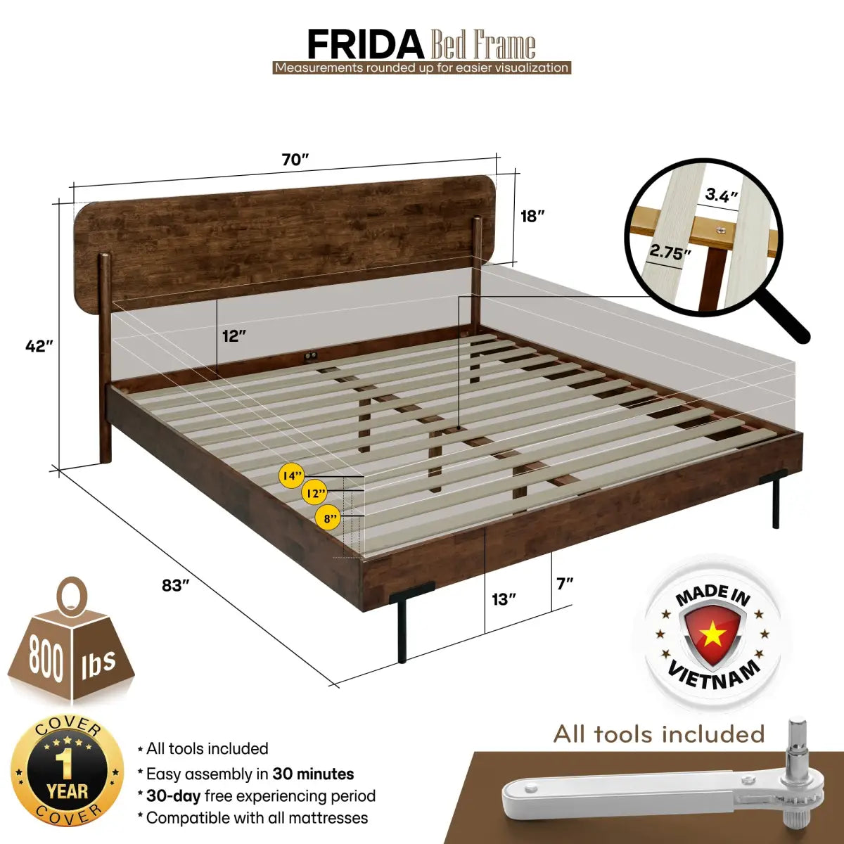 Frida Solid Wood Bed Frame - Megsu
