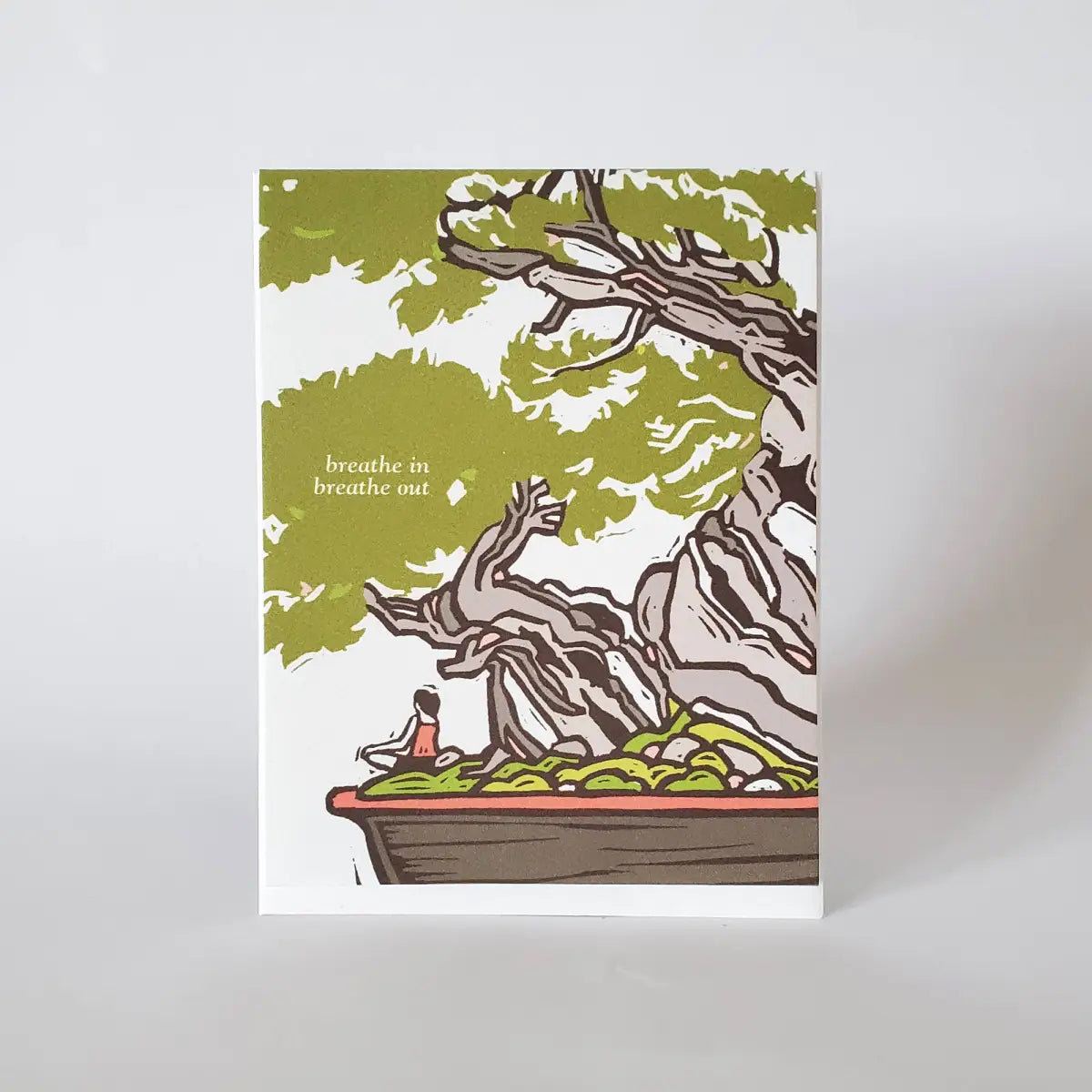 Friendship Greeting Card - Breathe In Breathe Out Japanese Bonsai Meditation - Little Green