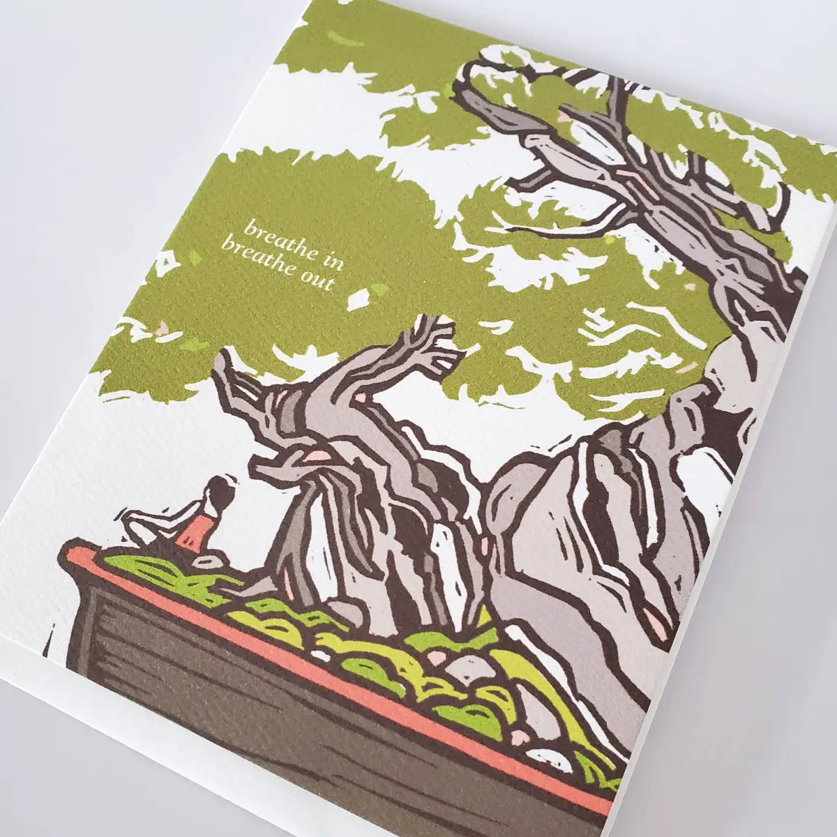 Friendship Greeting Card - Breathe In Breathe Out Japanese Bonsai Meditation - Little Green