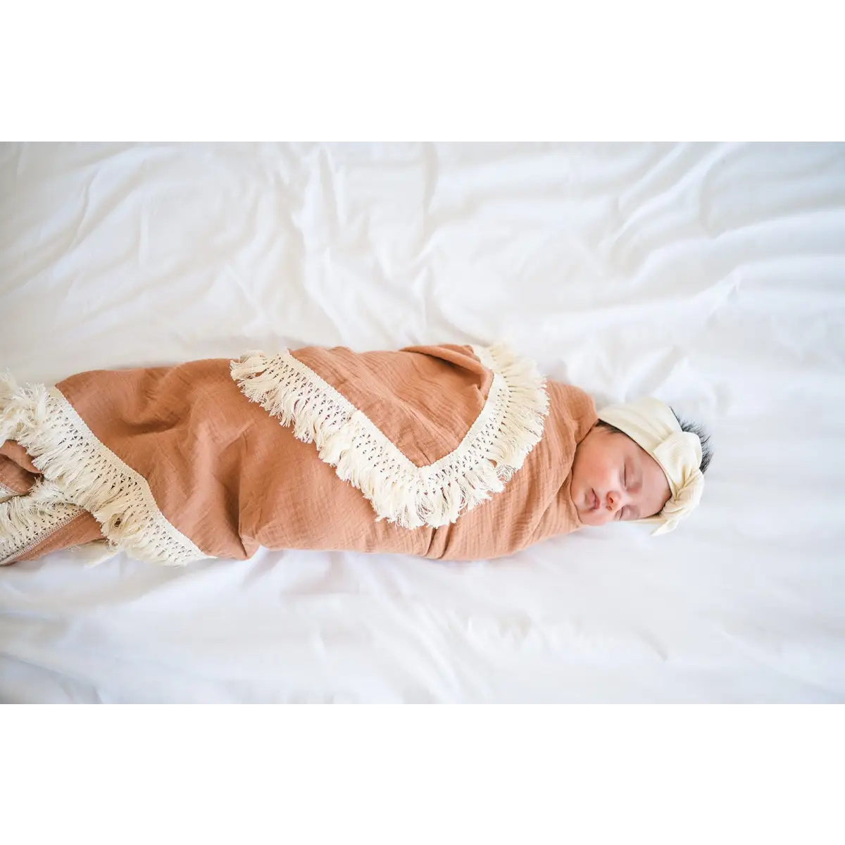 Fringe Swaddle Blanket - Caramel - Harp Angel Boutique