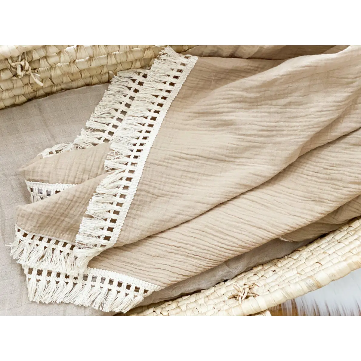 Fringe Swaddle Blanket - Tan - Harp Angel Boutique