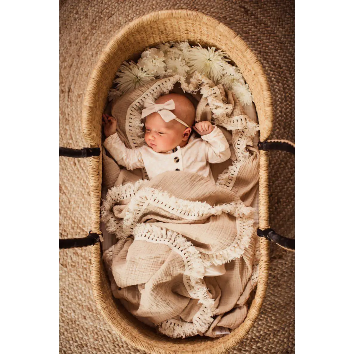 Fringe Swaddle Blanket - Tan - Harp Angel Boutique