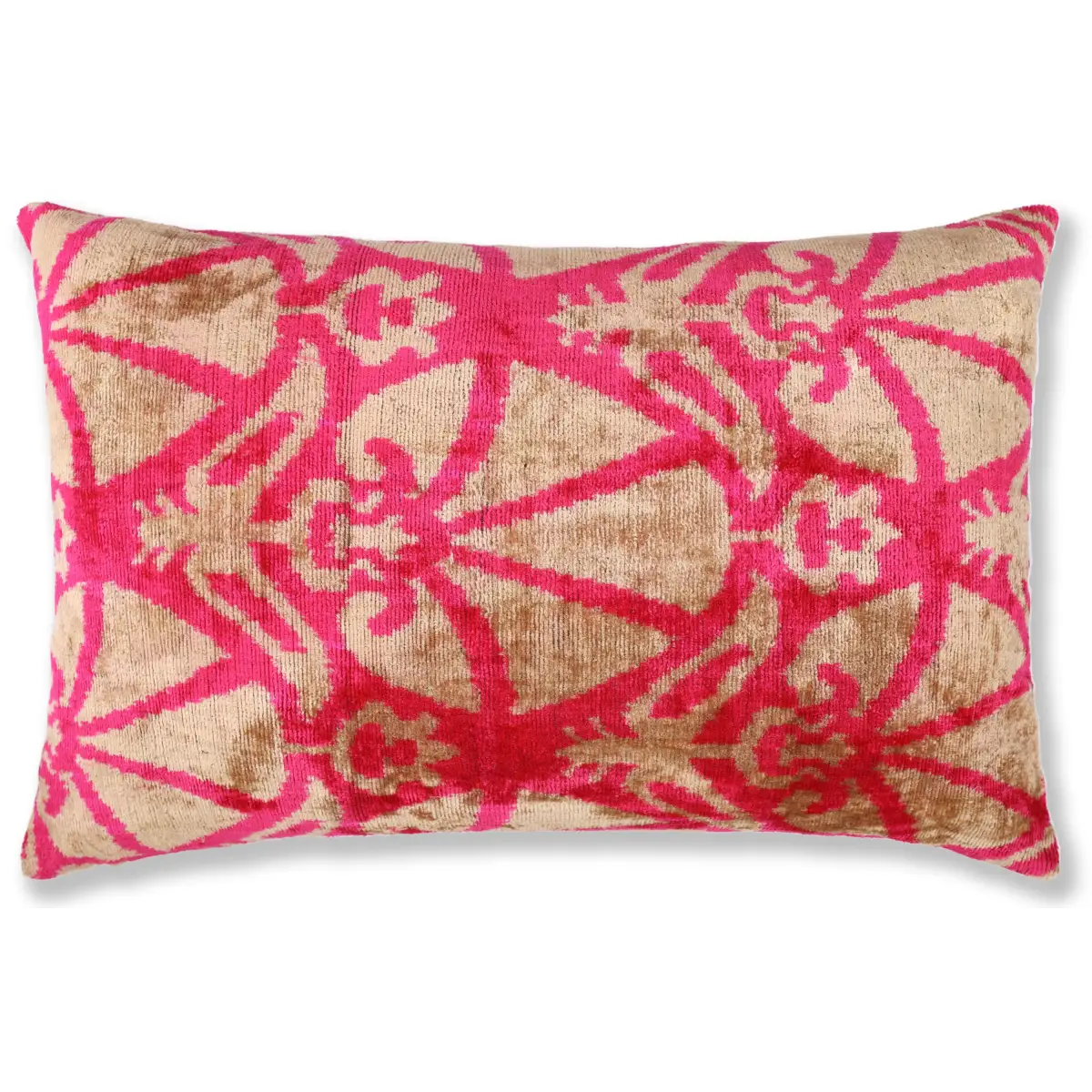Fuchsia Beige Silk Velvet Lumbar Pillow – 16x24 Handmade Ikat Luxury Cushion - Canvello