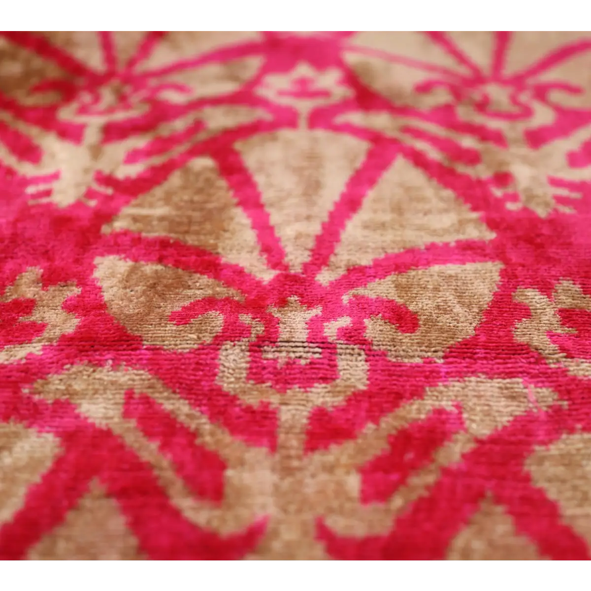Fuchsia Beige Silk Velvet Lumbar Pillow – 16x24 Handmade Ikat Luxury Cushion - Canvello