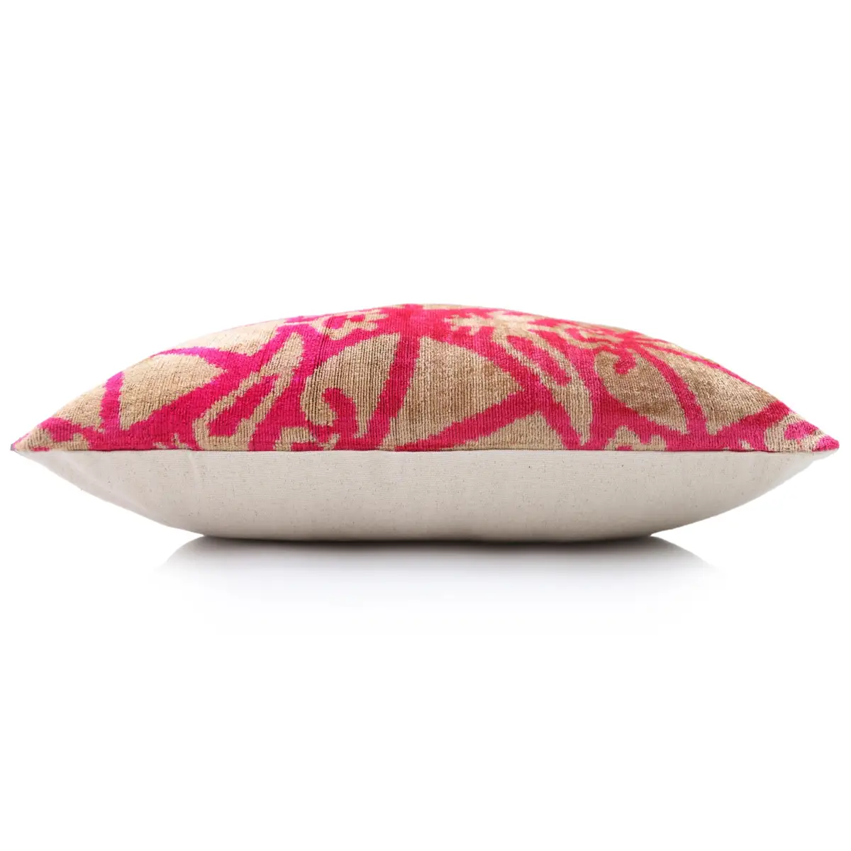 Fuchsia Beige Silk Velvet Lumbar Pillow – 16x24 Handmade Ikat Luxury Cushion - Canvello