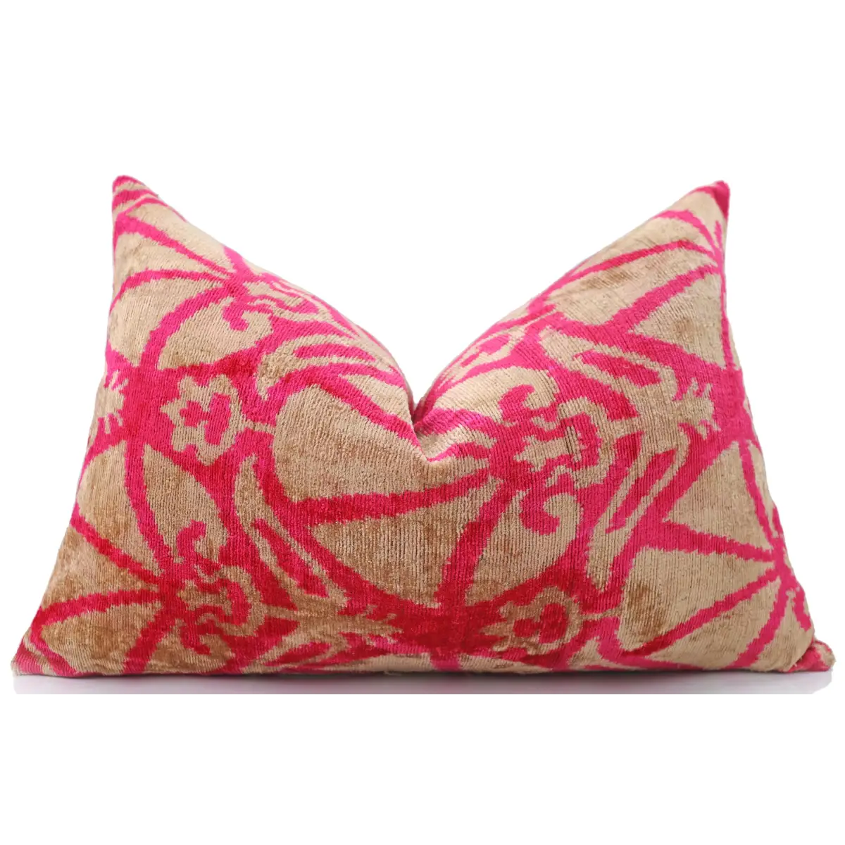 Fuchsia Beige Silk Velvet Lumbar Pillow – 16x24 Handmade Ikat Luxury Cushion - Canvello
